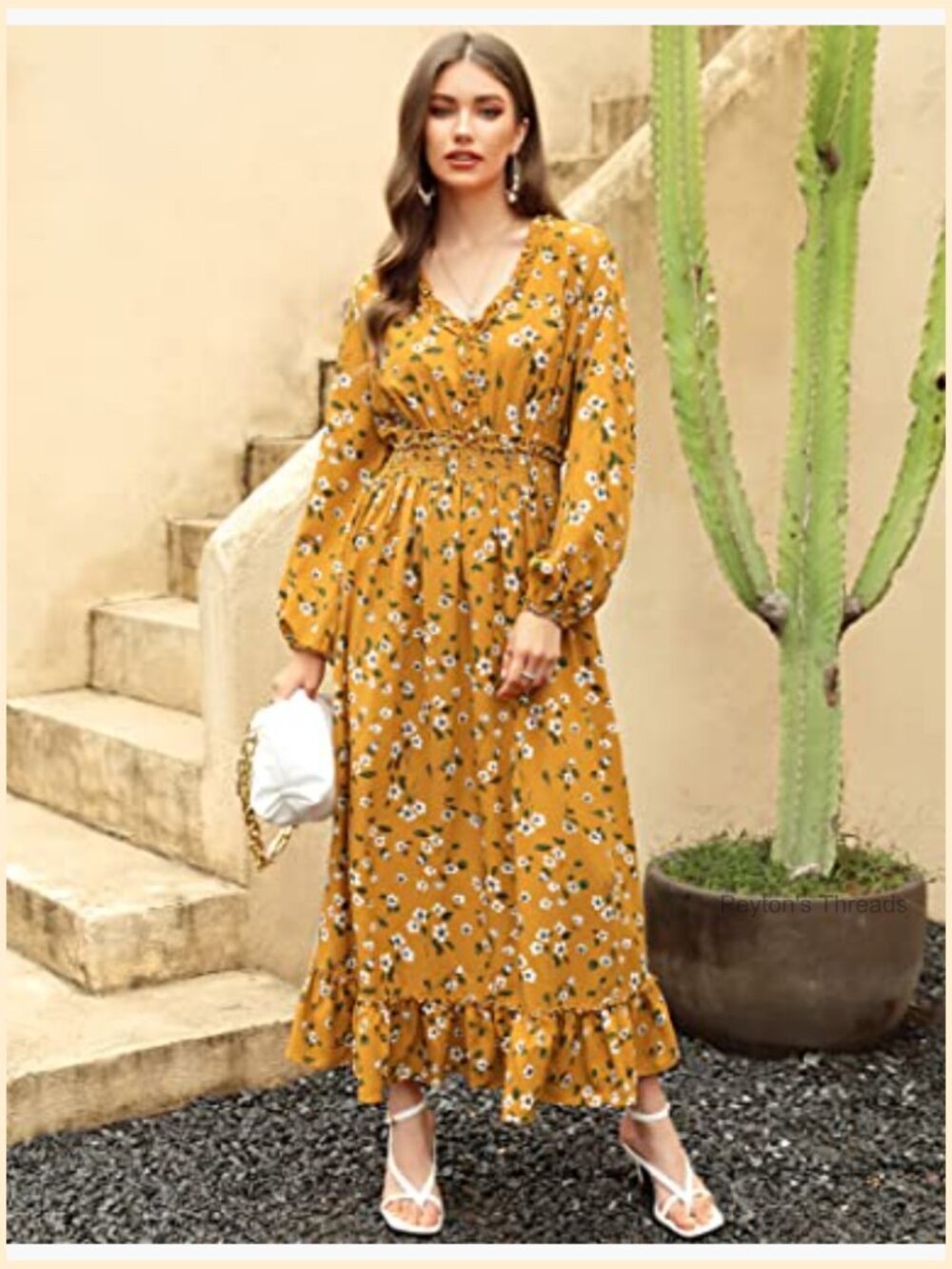 V Neck Boho Floral Print Maxi Dress Wedding Guest Flowy Bohemian Long Sleeve - Picture 4 of 7